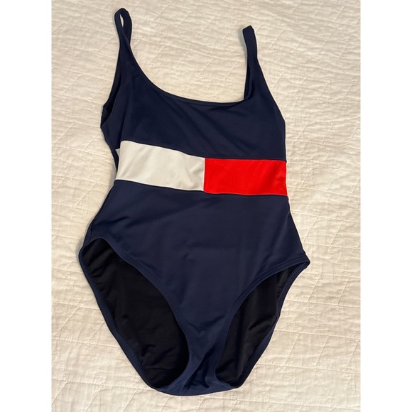 Tommy Hilfiger Swimsuit One Piece Navy Blue Red White Colorblock Size 8 - Picture 1 of 5